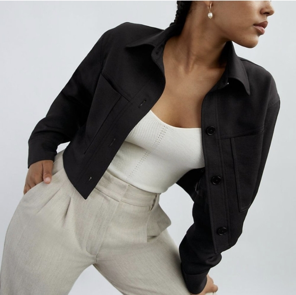 ARITZIA WILFRED Little Cropped Jacket Button Up Long Sleeve Collared Shirt Black - Picture 2 of 14